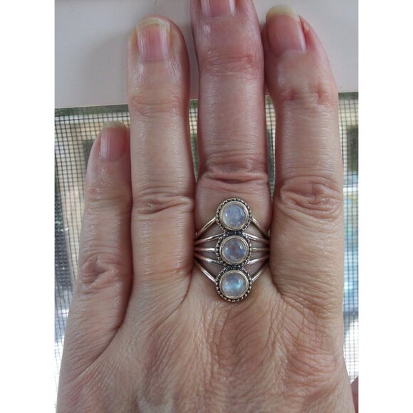 925 STERLING SILVER Genuine Rainbow Moonstone Statement Ring - Picture 11 of 14